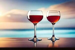 dois vinho óculos em uma mesa com a oceano dentro a fundo. gerado por IA foto