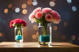 dois vasos com Rosa flores dentro eles em uma mesa. gerado por IA foto