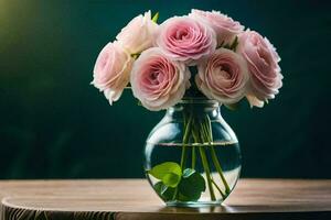 Rosa rosas dentro uma vaso em uma mesa. gerado por IA foto