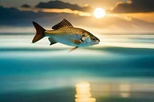 uma peixe é natação dentro a oceano às pôr do sol. gerado por IA foto