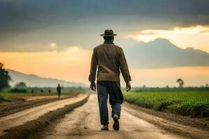 uma homem caminhando baixa uma sujeira estrada dentro a meio do uma campo. gerado por IA foto