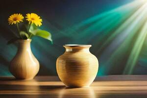 dois vasos com amarelo flores em uma mesa. gerado por IA foto