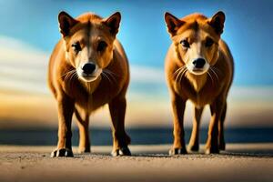 dois Castanho cachorros em pé em a de praia às pôr do sol. gerado por IA foto