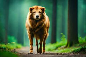 uma leão caminhando em uma caminho dentro a floresta. gerado por IA foto
