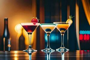 três martini óculos com diferente colori bebidas. gerado por IA foto