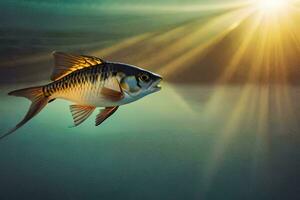 uma peixe natação dentro a água com luz solar brilhando. gerado por IA foto