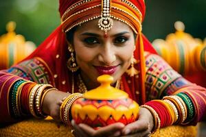 uma mulher dentro tradicional indiano vestuário segurando uma Panela. gerado por IA foto