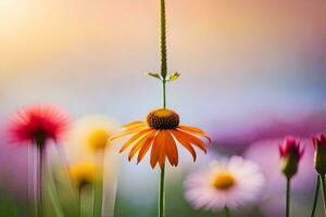 uma flor é em pé dentro a meio do uma campo. gerado por IA foto