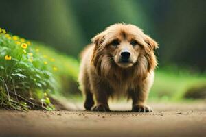 uma cachorro é em pé em uma sujeira estrada. gerado por IA foto