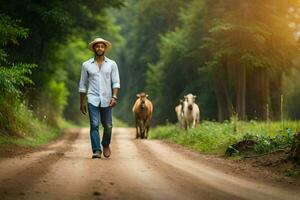 uma homem caminhando baixa uma sujeira estrada com vacas. gerado por IA foto