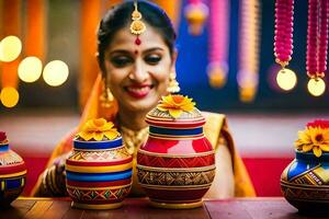 uma mulher dentro tradicional indiano vestuário é segurando colorida potes. gerado por IA foto