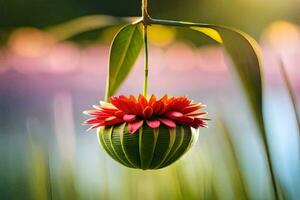 uma flor suspensão a partir de uma árvore. gerado por IA foto