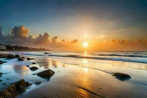 a Sol sobe sobre a oceano e pedras em a de praia. gerado por IA foto