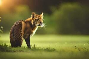 uma tigre é em pé dentro a grama. gerado por IA foto