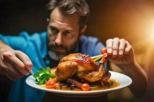 uma homem é comendo uma frango em uma placa. gerado por IA foto