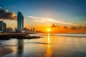 a Sol conjuntos sobre a cidade Horizonte dentro caracas, Venezuela. gerado por IA foto