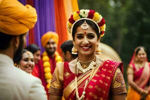 uma noiva dentro tradicional indiano vestuário sorrisos às a Câmera. gerado por IA foto
