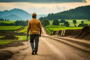 uma homem caminhando baixa uma sujeira estrada com uma chapéu e uma bengala. gerado por IA foto