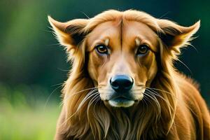 uma fechar acima do uma cachorro com grandes cabelo. gerado por IA foto