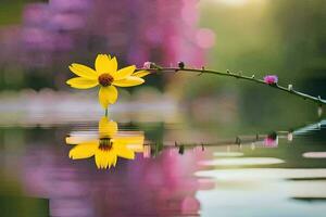 uma solteiro amarelo flor é refletido dentro a água. gerado por IA foto