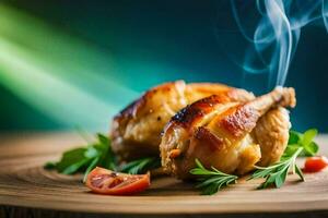 dois frango pernas em uma de madeira borda com fumaça. gerado por IA foto