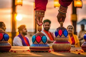uma Casamento cerimônia com colorida panelas e tigelas. gerado por IA foto