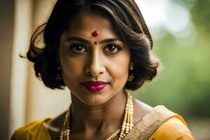 uma mulher dentro uma amarelo sari com vermelho batom. gerado por IA foto