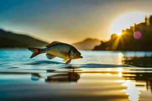 peixe pulando Fora do a água às pôr do sol. gerado por IA foto