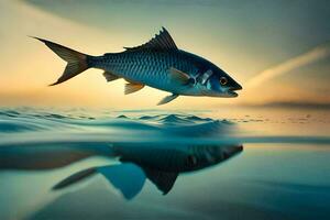 uma peixe pulando Fora do a água às pôr do sol. gerado por IA foto