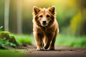 uma Castanho cachorro caminhando em uma sujeira estrada. gerado por IA foto