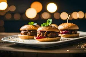 três carne controles deslizantes em uma prato com luzes dentro a fundo. gerado por IA foto