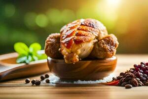 frango dentro uma de madeira tigela com especiarias e ervas. gerado por IA foto