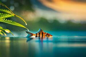 uma peixe natação dentro a água com folhas. gerado por IA foto