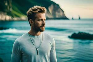 uma homem com uma barba em pé perto a oceano. gerado por IA foto