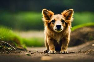 uma cachorro é em pé em uma sujeira estrada. gerado por IA foto