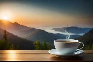 uma copo do café em uma de madeira mesa dentro a montanhas. gerado por IA foto