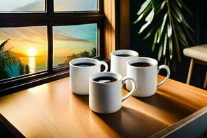 três café canecas sentar em uma mesa dentro frente do uma janela. gerado por IA foto