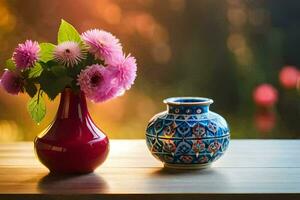 dois vasos com flores em uma mesa. gerado por IA foto