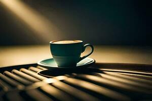 uma copo do café em uma de madeira mesa. gerado por IA foto