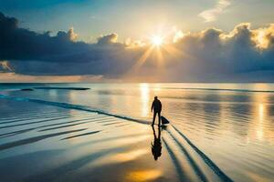 uma homem caminhando em a de praia às pôr do sol. gerado por IA foto