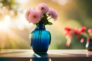 uma azul vaso com Rosa flores em uma mesa. gerado por IA foto