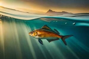 uma peixe natação dentro a oceano às pôr do sol. gerado por IA foto