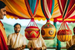 indiano Casamento cerimônia com colorida decorações. gerado por IA foto