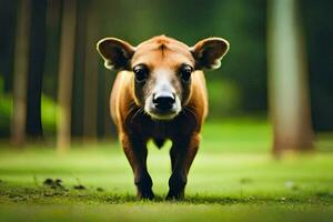 uma pequeno Castanho vaca em pé dentro a grama. gerado por IA foto