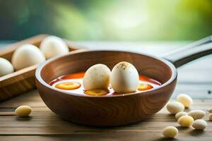 ovos dentro uma tigela com branco arroz. gerado por IA foto