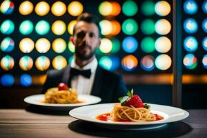 uma homem dentro uma smoking é sentado às uma mesa com dois pratos do espaguete. gerado por IA foto