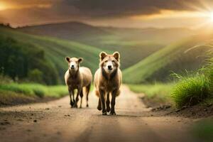 dois cavalos caminhando baixa uma sujeira estrada às pôr do sol. gerado por IA foto