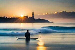 uma homem sentado em uma prancha de surfe às a de praia Como a Sol conjuntos. gerado por IA foto