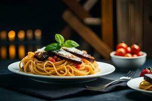 espaguete com carne e tomates em uma placa. gerado por IA foto