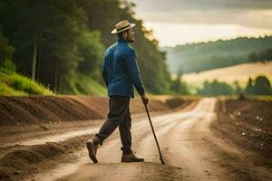 uma homem caminhando em uma sujeira estrada com uma bengala. gerado por IA foto